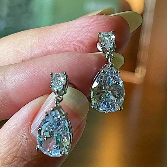 Sterling Silver Pear Drop Diamond Earrings - Picture 1 of 11